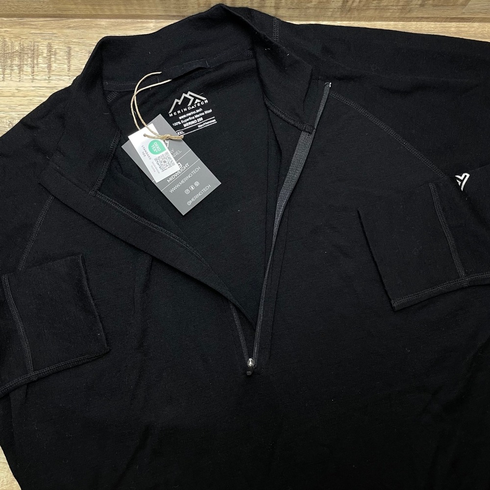 Merino.tech Mens XXL Black 100% Superfine Merino Wool 250g Midweight Half Zip